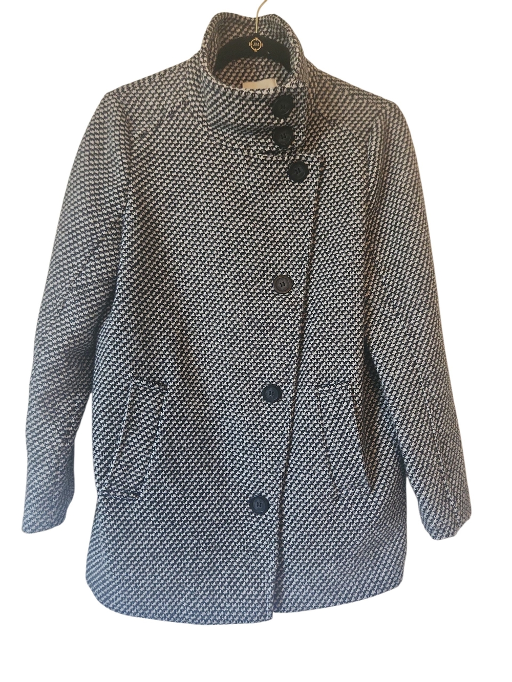 Forever 21 Black & White Textured Stand Up Collar Pea Coat Size M